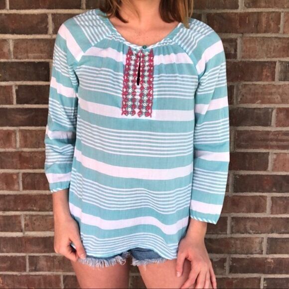 Talbots Blue Striped 3/4 Sleeves Aztec Beaded Blouse Womens Size Small - Picture 7 of 8